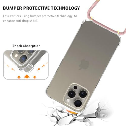for iPhone 15 Pro Max Strap Case for Women Adjustable Strap Clear Anti-Yellowing Cover Soft TPU Bumper Transparent Shockproof Protective Phone Cover Case for iPhone 15 Pro Max - Rose Gold - size: for iPhone 15 Pro Max