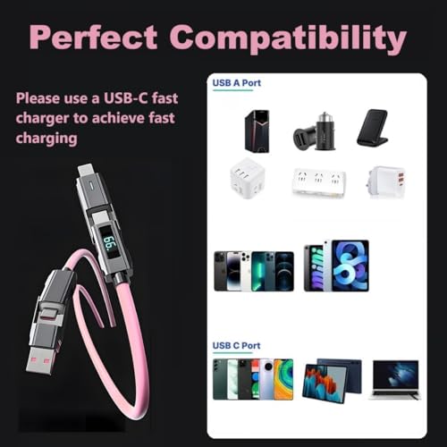 USB C to USB C Cable 5ft Chubby 4 in 1 USB Charging Cable with LED Display - color: 4 Combinations Orange+Pink