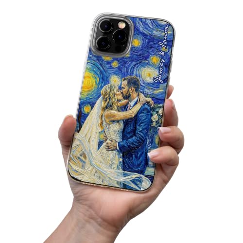 Custom Couple Photo Starry Night Art Matching Phone Case Anniversary Presents - Personalized Phone Case Custom Photo Impressionist Oil Painting Artistic Protective Cell Cover Smartphone Shell