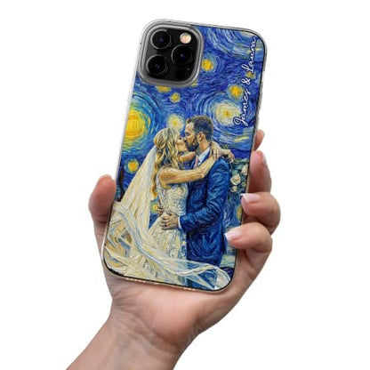 Custom Couple Photo Starry Night Art Matching Phone Case Anniversary Presents - Personalized Phone Case Custom Photo Impressionist Oil Painting Artistic Protective Cell Cover Smartphone Shell