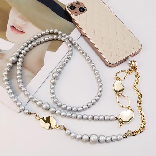 Phone Pearl Lanyard Phone Crossbody Strap,Pearl Beaded+Metal Chain with Tether Tab, Hands-Free Shoulder Cellphone Strap Compatible with Most Phones for Women (H) - color: P