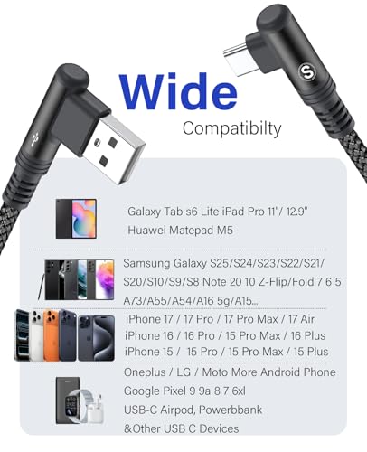USB to USB C Cable 3.1A Fast Charge Right Angle CarPlay 6.6ft 2-Pack Black - color: Black, size: 6.6ft+6.6ft