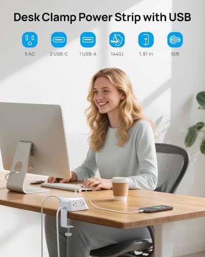 TROND Desk Clamp Power Strip, Desk Outlets with 2 USB C PD 20W Ports - color: White, size: 10FT (2C1U & PD 20W)