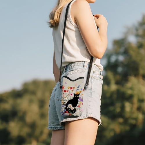 Cell Phone Sleeve Pouch with Adjustable Strap - Cat with Floral - color: Black Cat With Flowers