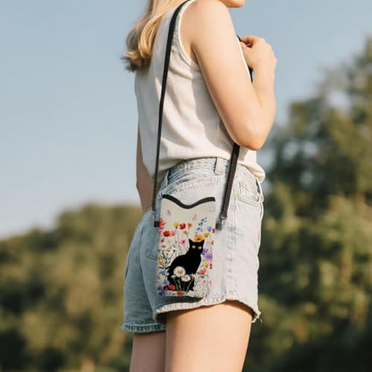 Cell Phone Sleeve Pouch with Adjustable Strap - Cat with Floral - color: Black Cat With Flowers