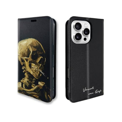 Cute Art Leather Case for iPhone 16 Pro (6.3") Wallet Cover | Magnetic Closure Flip Folio Cover, with Card Slot and Kickstand, Halloween Black Cool Stylish Van Gogh Head of a Skull - color: Van Gogh-Head of a Skull, size: iPhone 16 Pro (6.3 Inch)