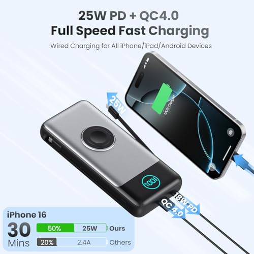 Portable Charger for iPhone with Built-in Cables and AC Wall Plug,26800mah Fast Charging USB C Power Bank,25W PD Travel Essential Battery Pack for iPhone 17/16/15/14/13,Galaxy,Apple Watch (Black) - color: Black