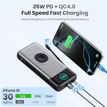 Portable Charger for iPhone with Built-in Cables and AC Wall Plug,26800mah Fast Charging USB C Power Bank,25W PD Travel Essential Battery Pack for iPhone 17/16/15/14/13,Galaxy,Apple Watch (Black) - color: Black
