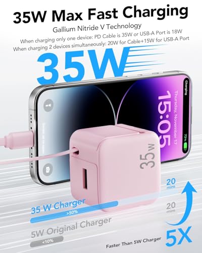 35W Retractable Wall Charger with Retractable Lightening Cables for iPhone