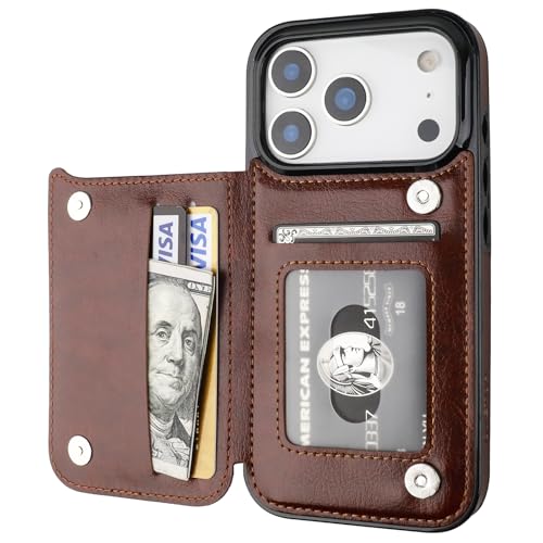 ONETOP for iPhone 17 Pro Wallet Case with Credit Card Holder,Brown | Kickstand,ID/Cash Holder,Case Wallet with Card Slots,Double Magnetic Clasp,Durable PU Leather Shockproof Cover for Women Men - color: Brown