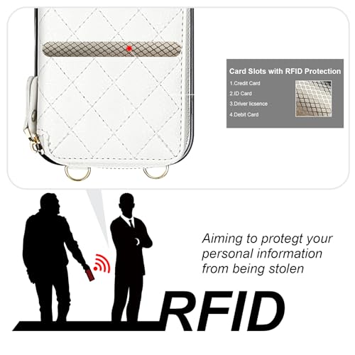 Bocasal Crossbody Wallet Case Card Holder for iPhone 17 Pro Max White | RFID Blocking PU Leather Zipper Handbag Purse, Kickstand Flip Folio Case with Card Slots Holder Wrist Strap Lanyard 6.9 Inch - color: White