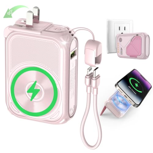 SEANCHEER P05 Portable Charger, Magnetic Power Bank, Small Wireless PowerBank, Battery Pack10000mAh Travel Essentials Fast Charging with Built in Cable, Foldable Wall Plug for iPhone,Andriod（Pink） - color: Pink