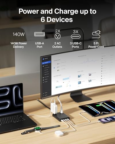 Belkin Charging Station Power Strip 3 USB-C Charger 2 AC 1 USB-A 140W GaN - style: 140W, 2 AC Outlet