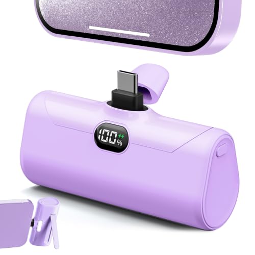 Handy Purple USB C Power Bank Portable Phone Charger With Stand, 5000mah Mini Battery Pack Backup Charger with Digital Display for iPhone 17/16/15 series, Littile Mobile Charger for Samsung/Google/LG - color: Purple