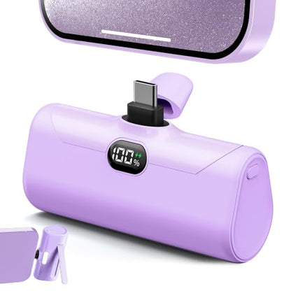 Handy Purple USB C Power Bank Portable Phone Charger With Stand, 5000mah Mini Battery Pack Backup Charger with Digital Display for iPhone 17/16/15 series, Littile Mobile Charger for Samsung/Google/LG - color: Purple