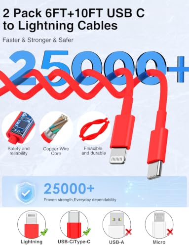 USB C to Lightning Cable [Apple MFi Certified] - 2Pack 6/10FT - Red - color: Red, size: 6ft+10ft