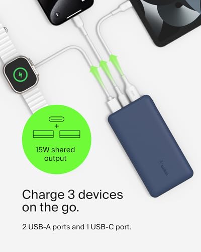 Belkin 10000mAh 15W 3 Port Power Bank, USB A to USB C Cable Included | Fast Charging, iPhone 17, Samsung Galaxy, Pixel, Airpods, iPad, Nintendo Switch 2, Battery Pack, USB C Port, USB A Port - color: Blue