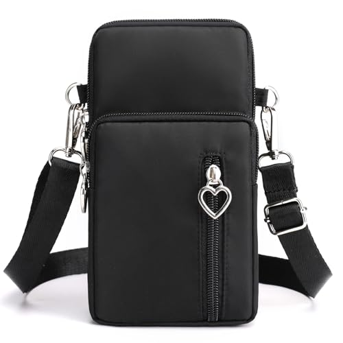 Small Crossbody Bag for Women, Multi Zip Pockets Nylon Wallet Purse Credit Card Holder with Detachable Hand Strap - color: Black