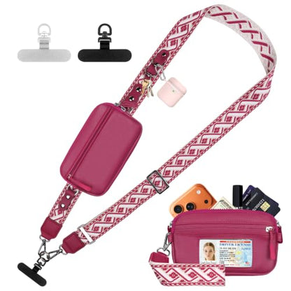 YFWE Clip and Go Phone Strap with Crossbody Wallet, Adjustable Phone Lanyard with Detachable RFID Wristlet Wallet, Anti-Theft Leather Purse with ID Window for Travel Essentials (Rose Red) - color: Rose Red