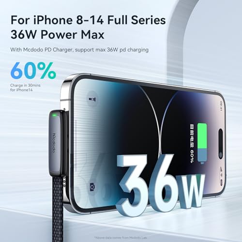 mcdodo 6FT USB C to Lightning Cable 90 Degree Right Angle USB-C to Lightning Charging Cable with LED Indicator Light Compatible with iPhone 14 13 12 11/Pro/ProMax/Plus, iPad, AirPods, iTouch - color: USB-C to Lightning
