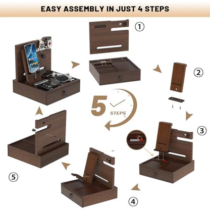 Wood Phone Docking Station, Nightstand Organizer with Drawer - color: Elegant Walnut, size: Without charging station