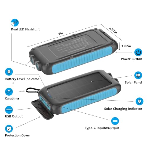 Solar Charger Power Bank 49800mAh Portable 15W Fast Charging Power Bank with QC3.0 USB-C & Dual USB-A Ports for Cell Phones, LED Flashlight, Carabiner, Waterproof Solar Panel for Camping, Outdoor