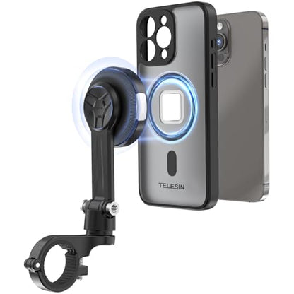 TELESIN Motorcycle Phone Mount Fit iPhone 16 Pro Max, Magnetic Motorcycle Phone Holder with Vibration Dampener & Metal Buckle [One-Click Unlock] with Magnetic Phone Case for 25 & 28 mm Handlebars