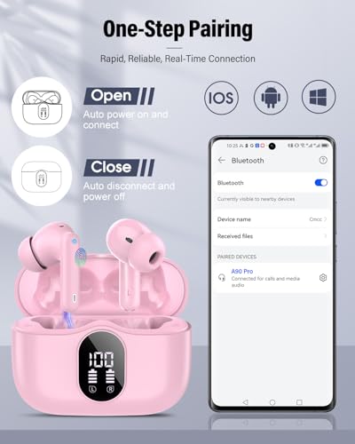 Wireless Earbuds, Bluetooth 5.4 Headphones Bass Stereo/Clear Calls, Pink - color: Pink