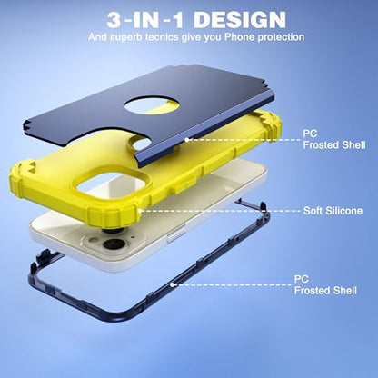 IDweel for iPhone 15 Case with Screen Protector,Luxury 3 in 1 Shockproof Slim Fit Hybrid Heavy Duty Protection Glitter Hard PC Cover Soft Silicone Bumper Full Body Case,Navy Blue/Yellow - color: Navy Blue/Yellow