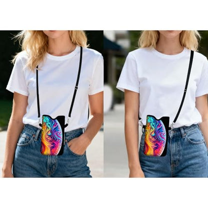 Men Women Neoprene Cell Phone Sleeve Pouch Case Bag with Crossbody Strap/Neck Lanyard 7.5 X 4.3 in (Colorful Earth Pattern) - color: Colorful Earth Pattern