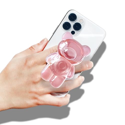 On The Grip Magnetic 3D Gummy Bear Style Expandable Collapsible Mobile Phone Grip Stand Holder for Smartphone Tablet Cell Phone Accessory (Clear Pink)