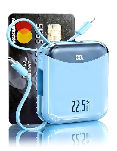 10000mAh Portable Charger with Built-in USB-C & Light-ning Cables, 22.5W Fast Charging Power Bank, Travel Battery Pack with LED Display for iPhone Samsung Android – Flight Approved - color: Cyan
