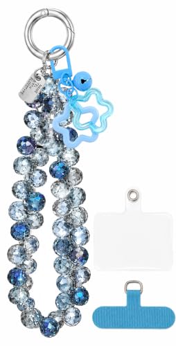 Cute Phone Wrist Strap Chic Beaded Cellphone Lanyard Phone Charm Grip Strap - color: Blue Crystal
