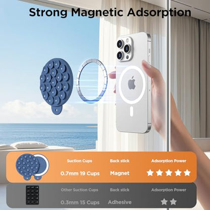 Magnetic Suction Cup Phone Mount, Compatible with MagSafe, Silicone Octo Cup Buddy Sticky Grip Holder for iPhone and Android, Removable Hands-Free Selfie/Video for TikTok, Azure Blue - color: Azure Blue