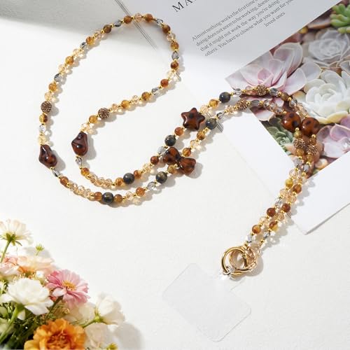 WOZEAH Crystal Cell Phone Lanyard Crossbody Strap for Women, Beaded Phone Strap for Cellphone Case with Tether Tab - color: Brown Leopard