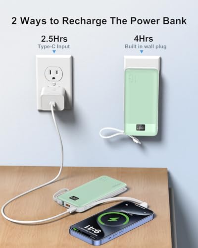 Portable Charger 10000mAh Power Bank w/Built-in 3 Cables & AC Wall Plug - color: Green