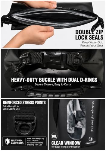 Freegrace Waterproof Dry Bag with Double Zip-Lock, Phone Case & Waist Pouch | 20L Black, Clear Window, Submersible 500D Drysack, Crossbody Strap & Grab Handle, Gear For Kayaking, Boating, Beach, Surfing - color: Black, size: 20L, style: Window