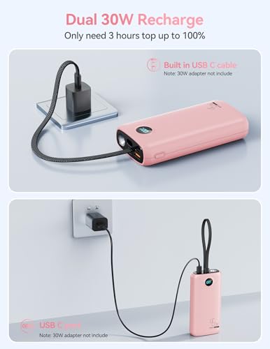 DIAMUAR Portable Charger 20000mAh 45W, Built in USB C Cable, 3W Flashlight - color: Pink