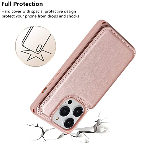 iCoverCase Compatible with iPhone 14 Pro Wallet Phone Case with Card Holder for Women, RFID Blocking Embossed PU Leather Wrist Strap Case 6.1 Inch (Macaron Rose Gold) - color: P-Rose Gold