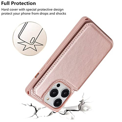 iCoverCase Compatible with iPhone 14 Pro Wallet Phone Case with Card Holder for Women, RFID Blocking Embossed PU Leather Wrist Strap Case 6.1 Inch (Macaron Rose Gold) - color: P-Rose Gold