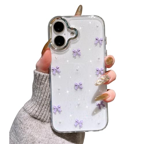 EYZUTAK Case for iPhone 17, Bling Glitter 3D Bowknot Phone Case Cute Sparkly Crystal Clear Bow Aesthetic Design Cover Slim Soft Durable TPU Transparent Protective Cover for Women Girl - Purple Bow - color: Purple Bow, size: iPhone 17