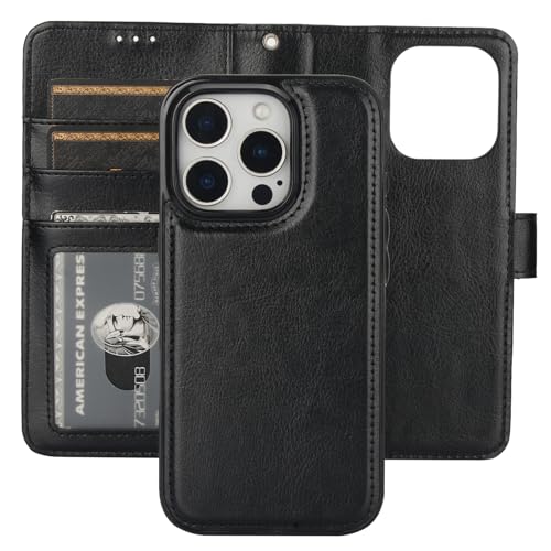Bocasal Detachable Wallet Case Card Holder for iPhone 16 Pro, Black | RFID Blocking Kickstand Card Slots Holder PU Leather Magnetic Shockproof Wrist Strap Removable Flip Protective Cover 6.3 inch - color: Black