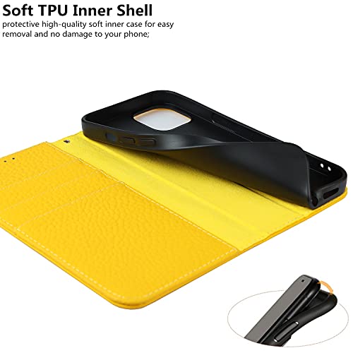 iCoverCase Compatible with iPhone 13 Wallet Case with Credit Card Holder and Wrist Strap, RFID Blocking Genuine Leather Flip Magnetic Phone Cover 6.1 Inch (Yellow) - color: 1-Yellow (No Headphone Storage Belt), size: iPhone 13