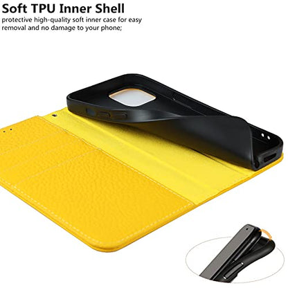 iCoverCase Compatible with iPhone 13 Wallet Case with Credit Card Holder and Wrist Strap, RFID Blocking Genuine Leather Flip Magnetic Phone Cover 6.1 Inch (Yellow) - color: 1-Yellow (No Headphone Storage Belt), size: iPhone 13