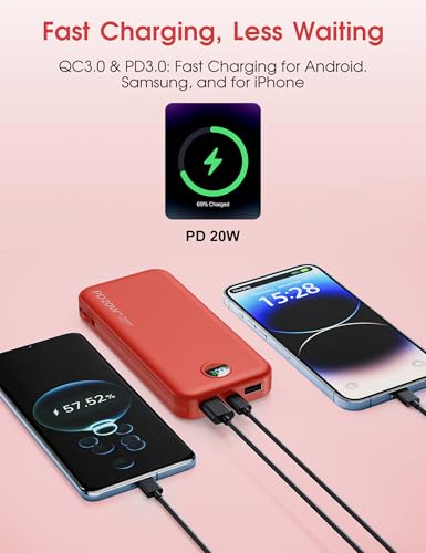 citicr Portable Charger 10000mAh PD20W w/Built-in Cables & Wall Plug Red - color: Red