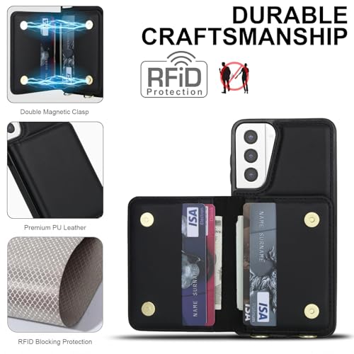 Phone Case for Samsung Galaxy S21 Plus S21+ 5G Wallet Cell Cover with Tempered Glass Screen Protector Wrist Crossbody Strap RFID Blocking Stand Card Holder S21+5G S21plus 21S + S 21 21+ G5 Women Black - color: Black