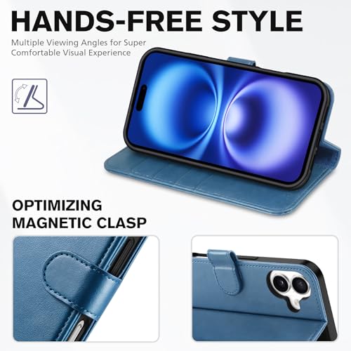 TUCCH Wallet Case for iPhone 16 (6.1") 2024, Flip Stand, Light Blue | RFID Blocking, 4 Card Holders, Kickstand, PU Leather, Shockproof TPU Shell, Magnetic Closure, Protective Folio Cover - color: Light Blue