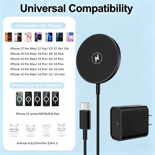Magnetic Wireless Charger Apple Mag-Safe Charger,[Apple MFi Certified] iPhone Charger Block&15W 3FT Wireless Charging Pad for iPhone 17 Pro Max/17 Pro/17 Air/17/16/15/14/13/12,AirPods Pro 3/2(Black)