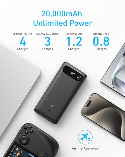 Anker Power Bank, 20,000mAh Travel Essential, Built-in USB-C Cable(Black) - color: Black