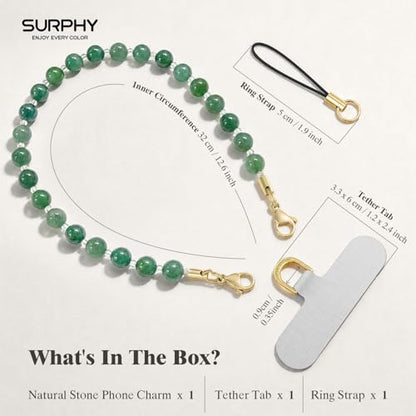 SURPHY Natural Stone Phone Charm, Beaded Phone Wrist Strap with Tether Tab - color: Aventurine Green